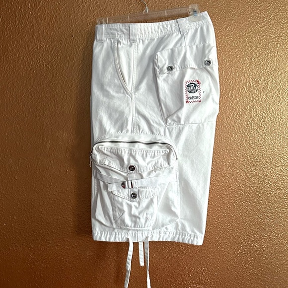 90s Y2K PARISH “SEAS THE DAY” WHITE NAUTICAL CARGO SHORTS. Sz38 - Picture 3 of 10